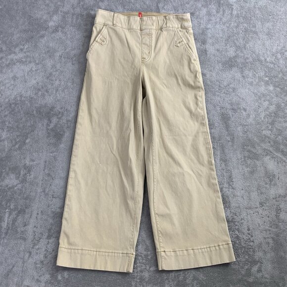 Spanx Pants Women's Size Medium Beige Stretch Twill Cropped Wide Leg Pockets 23” - Picture 3 of 13